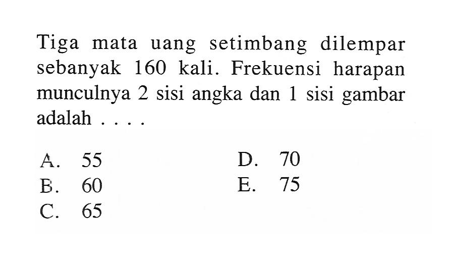 Tiga mata uang setimbang dilempar sebanyak 160 kali. Frekuensi harapan munculnya 2 sisi angka dan 1 sisi gambar adalah ....