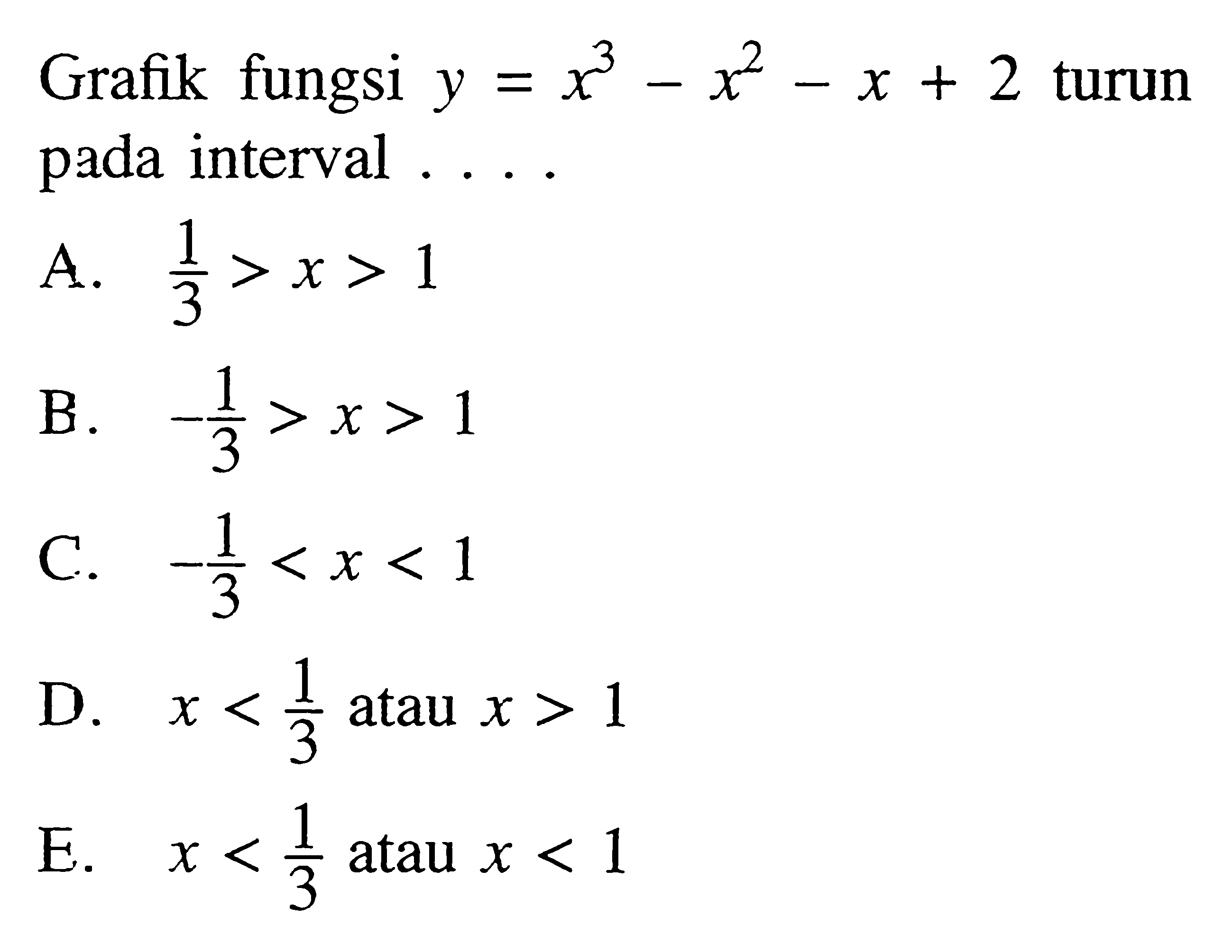 Grafik fungsi y=x^3-x^2-x+2 turun pada interval ....