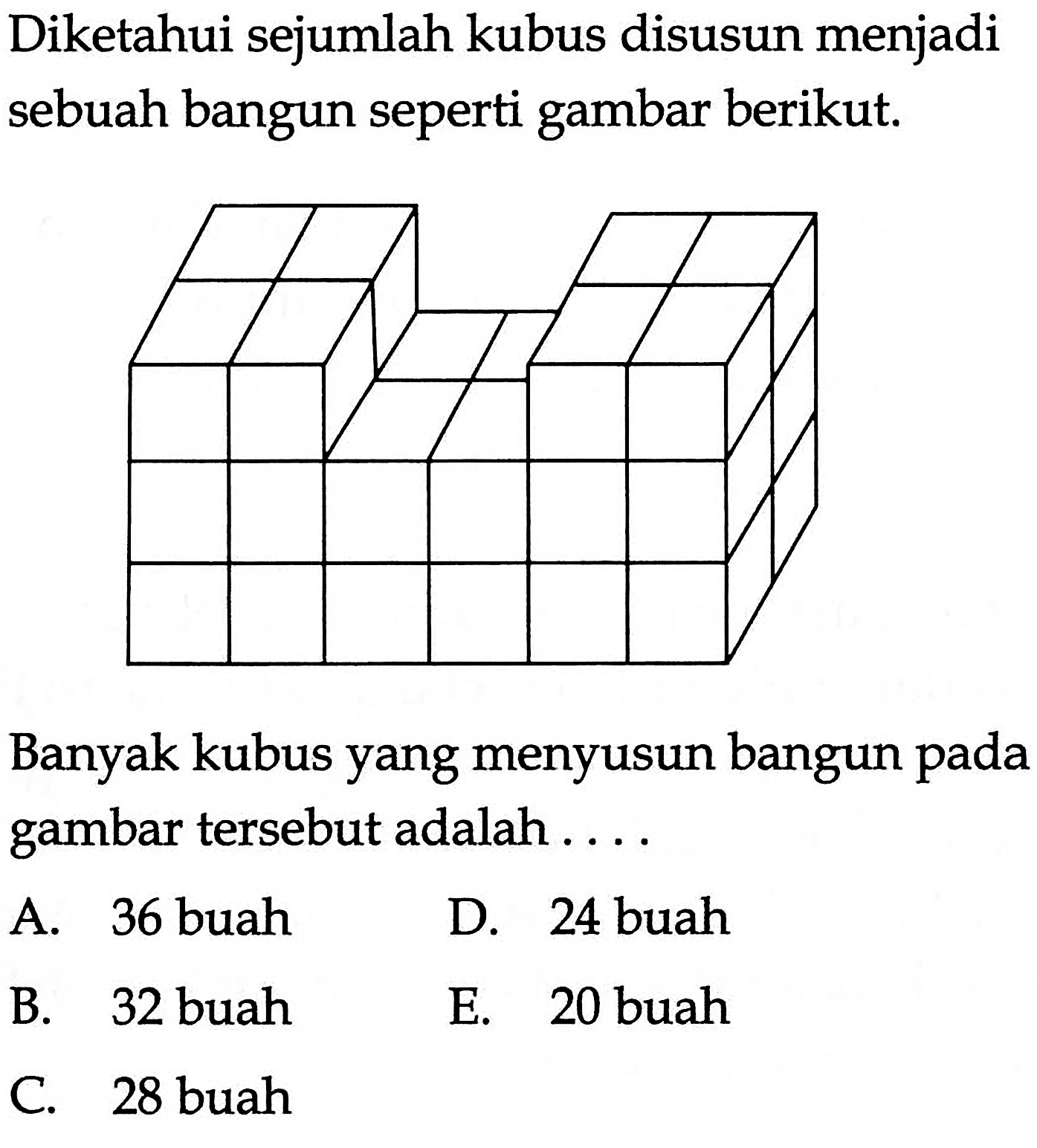 Diketahui sejumlah kubus disusun menjadi sebuah bangun seperti gambar berikut; Banyak kubus yang menyusun bangun pada gambar tersebut adalah