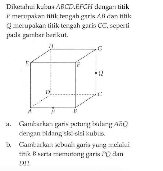 Diketahui kubus ABCD.EFGH dengan titik P merupakan titik tengah garis AB dan titik Q merupakan titik tengah garis CG, seperti pada gambar berikut. H G E F Q D C A P B a. Gambarkan garis potong bidang ABQ dengan bidang sisi-sisi kubus. b. Gambarkan sebuah garis yang melalui titik B serta memotong garis PQ dan DH.