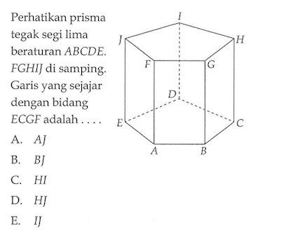 Perhatikan prisma tegak segi lima beraturan ABCDEFGHIJ di samping. Garis yang sejajar dengan bidang ECGF adalah