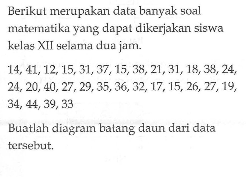 Berikut merupakan data banyak soal matematika yang dapat dikerjakan siswa kelas XII selama dua jam. 14,41,12,15,31,37,15,38,21,31,18,38,24, 24,20,40,27,29,35,36,32,17,15,26,27,19, 34,44,39,33 Buatlah diagram batang daun dari data tersebut. 