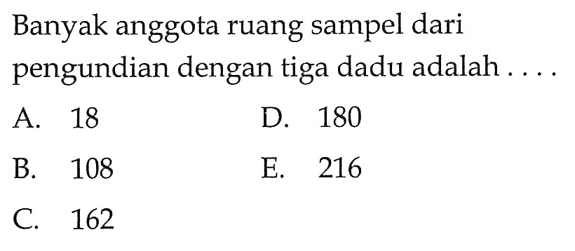 Banyak anggota ruang sampel dari pengundian dengan tiga dadu adalah ....