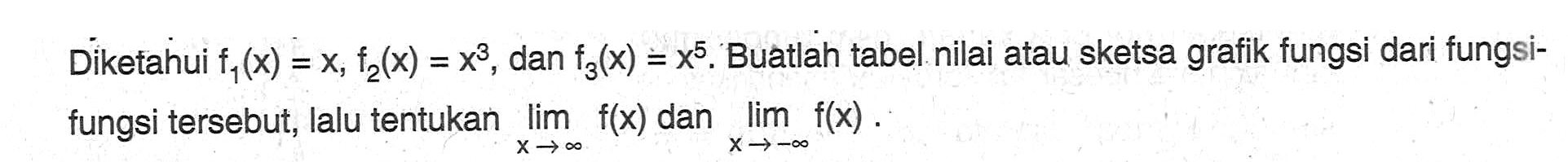 Diketahui  f1(x)=x, f2(x)=x^3 , dan  f3(x)=x^5 . Buatlah tabel nilai atau sketsa grafik fungsi dari fungsifungsi tersebut, lalu tentukan  lim  x->tak hingga f(x)  dan  lim  x->-tak hingga f(x) .