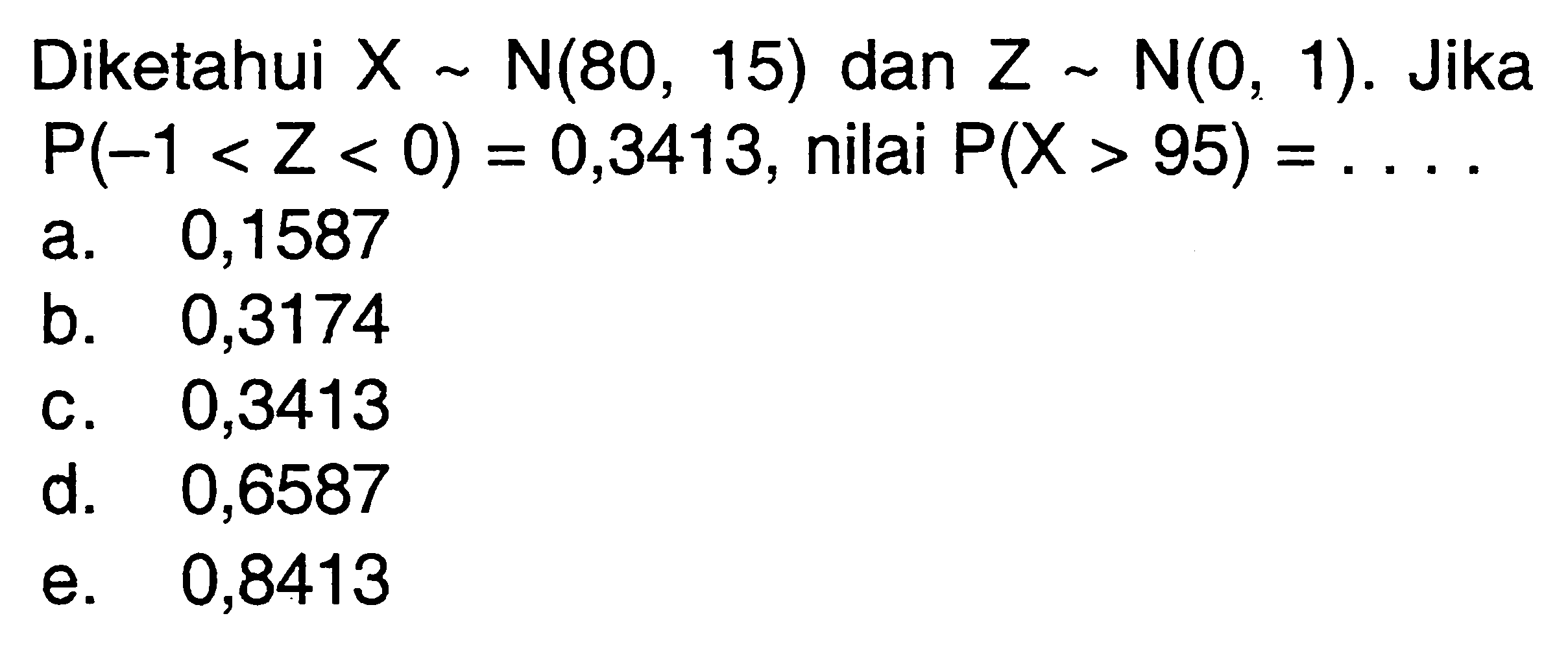 Diketahui X~ N(80,15) dan Z ~ N(0,1). Jika P(-1<Z<0)=0,3413, nilai P(X>95)= ....