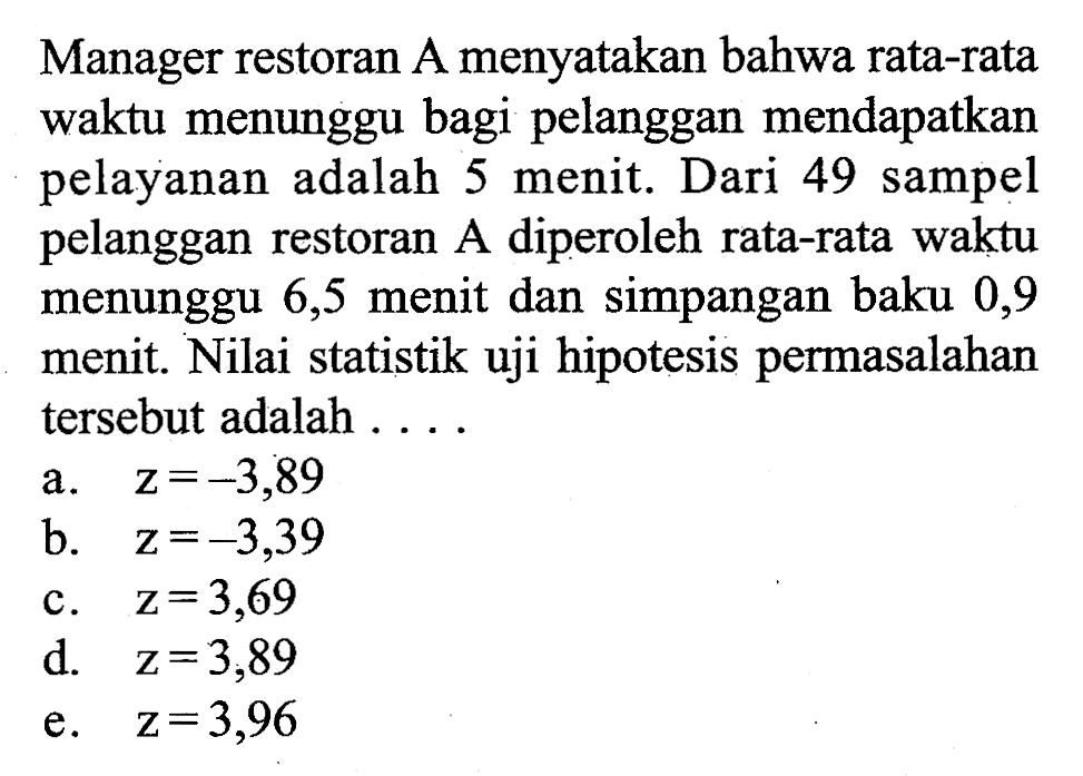 Manager restoran A menyatakan bahwa rata-rata waktu menunggu bagi pelanggan mendapatkan pelayanan adalah 5 menit. Dari 49 sampel pelanggan restoran A diperoleh rata-rata waktu menunggu 6,5 menit dan simpangan baku 0,9 menit. Nilai statistik uji hipotesis permasalahan tersebut adalah ... 