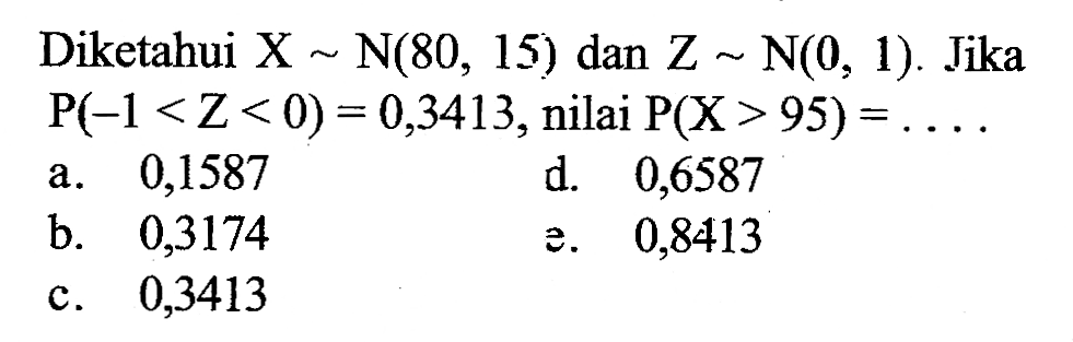 Diketahui  X ~ N(80,15)  dan  Z ~ N(0,1) . Jika  P(-1<Z<0)=0,3413 , nilai  P(X>95)=... 