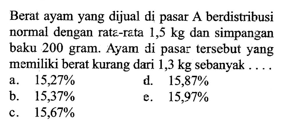 Berat ayam yang dijual di pasar A berdistribusi normal dengan rata-rata 1,5 kg dan simpangan baku 200 gram. Ayam di pasar tersebut yang memiliki berat kurang dari 1,3 kg sebanyak ....