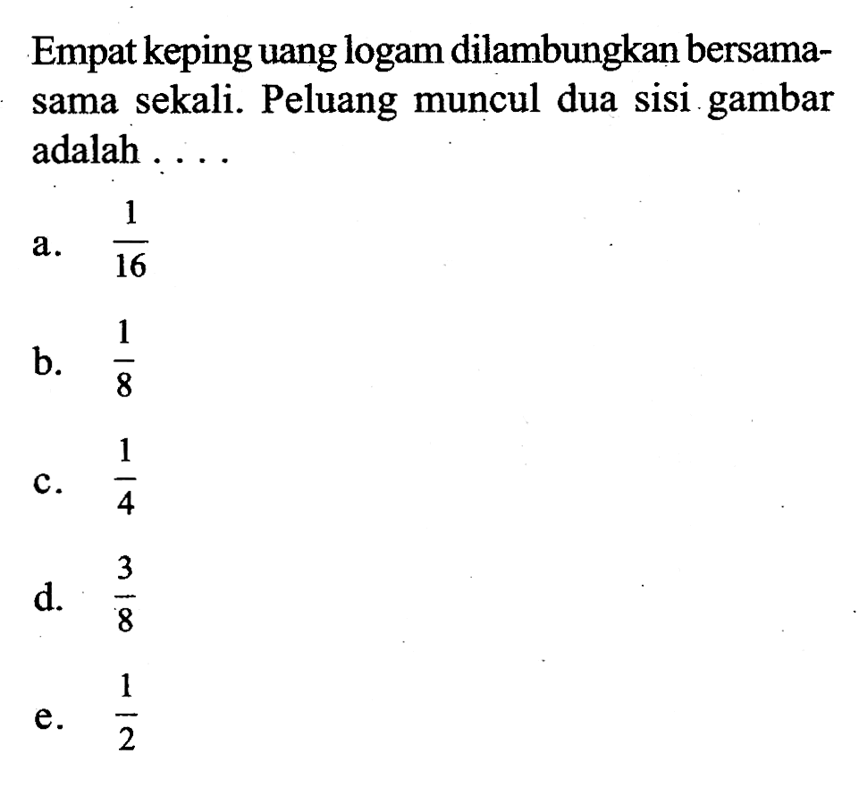 Empat keping uang logam dilambungkan bersama-sama sekali. Peluang muncul dua sisi gambar adalah  .... 