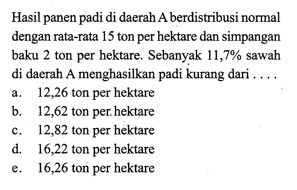 Hasil panen padi di daerah A berdistribusi normal dengan rata-rata 15 ton per hektare dan simpangan baku 2 ton per hektare. Sebanyak 11,7% sawah di daerah A menghasilkan padi kurang dari ....