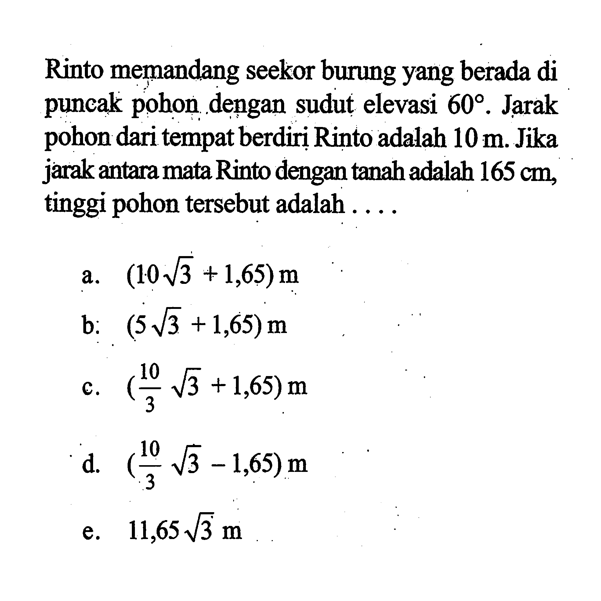 Rinto memandang seekor burung yang berada di puncak pohon dengan sudut elevasi  60. Jarak pohon dari tempat berdiri Rinto adalah  10 m. Jika jarak antara mata Rinto dengan tanah adalah  165 cm, tinggi pohon tersebut adalah....