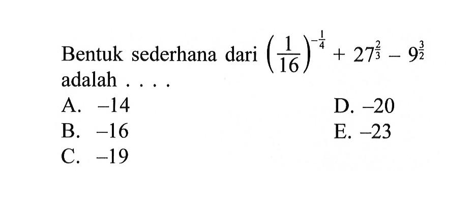 Bentuk sederhana dari (1/16)^(-1/4)+27^(2/3)-9^(3/2) adalah . . . .