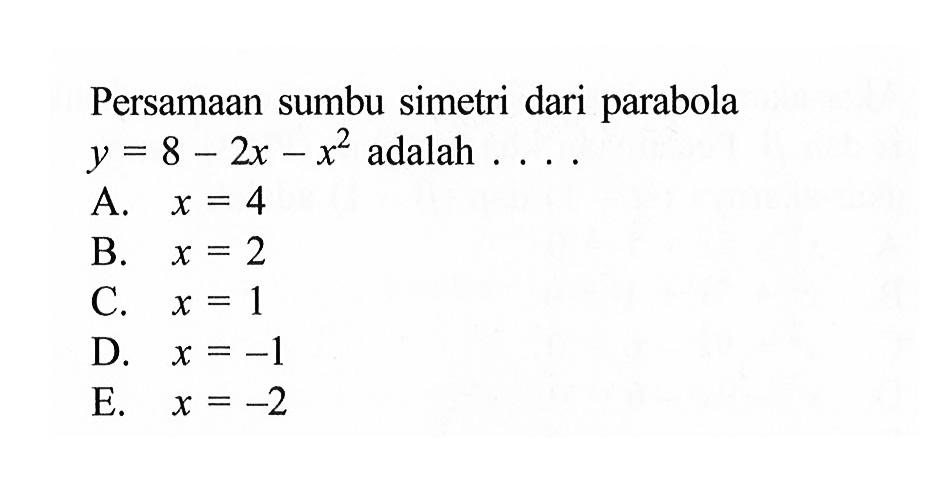 Persamaan sumbu simetri dari parabola y=8-2x-x^2 adalah ....