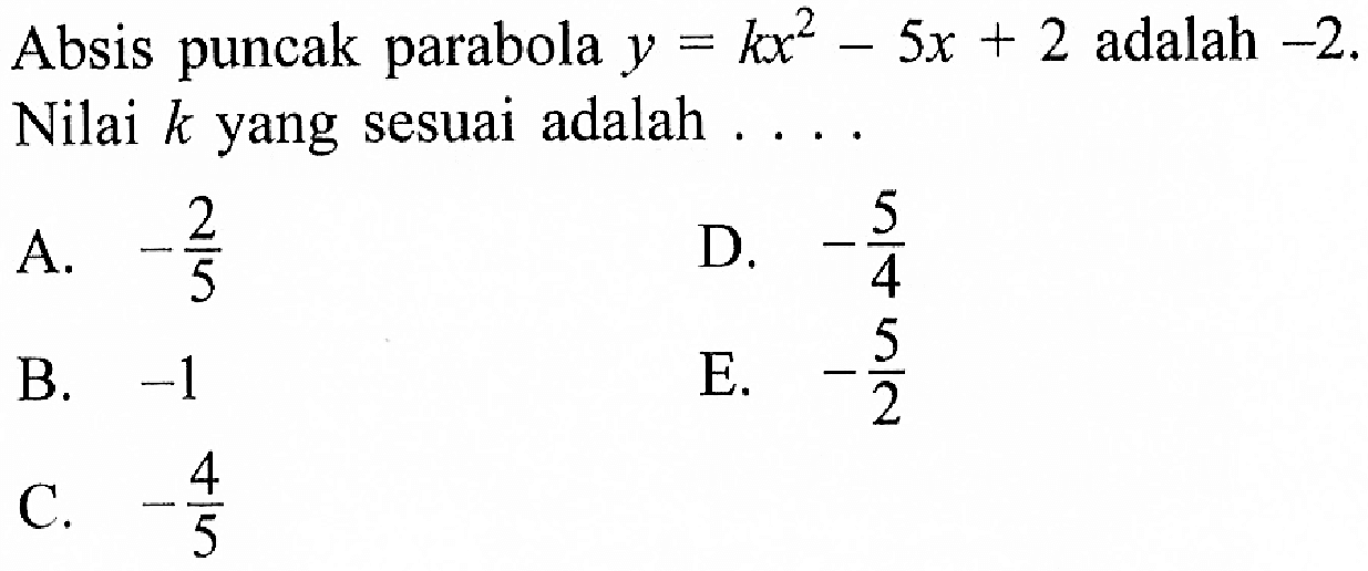 Absis puncak parabola y=kx^2-5x+2 adalah -2. Nilai k yang sesuai adalah ....