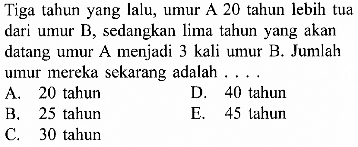 Tiga tahun yang lalu, umur A 20 tahun lebih tua dari umur B, sedangkan lima tahun yang akan datang umur A menjadi 3 kali umur B. Jumlah umur mereka sekarang adalah . . . .