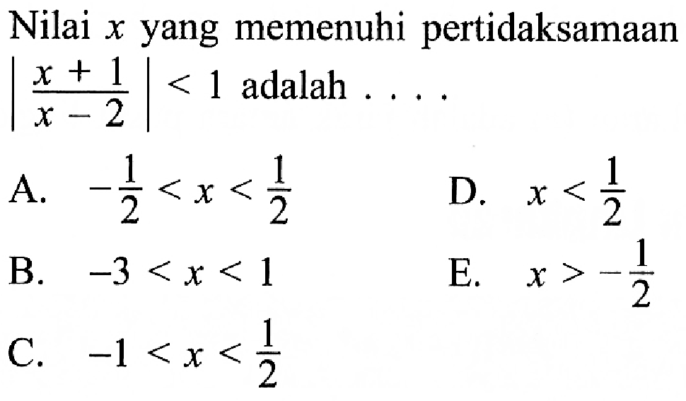 Nilai x yang memenuhi pertidaksamaan |x+1/x-2|< 1 adalah ..