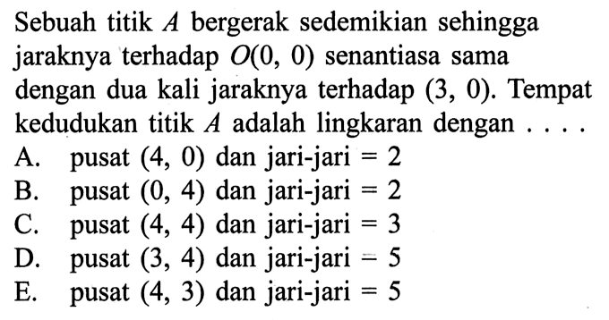 Sebuah titik A bergerak sedemikian sehingga jaraknya terhadap O(0,0) senantiasa sama dengan dua kali jaraknya terhadap (3,0). Tempat kedudukan titik A adalah lingkaran dengan ....A. pusat (4,0) dan jari-jari=2B. pusat (0,4) dan jari-jari=2C. pusat (4,4) dan jari-jari=3D. pusat (3,4) dan jari-jari=5E. pusat (4,3) dan jari-jari=5