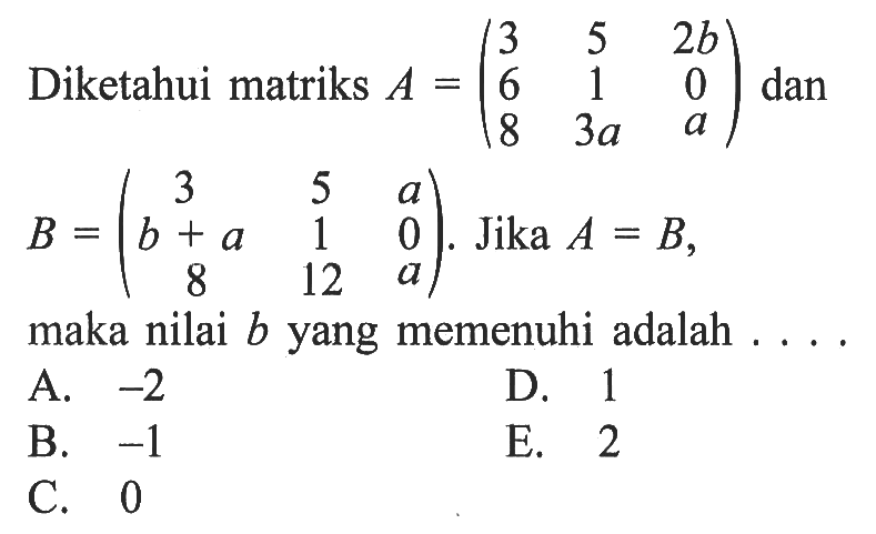 Diketahui matriks A=(3 5 2b 6 1 0 8 3a a) dan B=(3 5 a b+a 1 0 8 12 a). Jika A=B, maka nilai b yang memenuhi adalah....