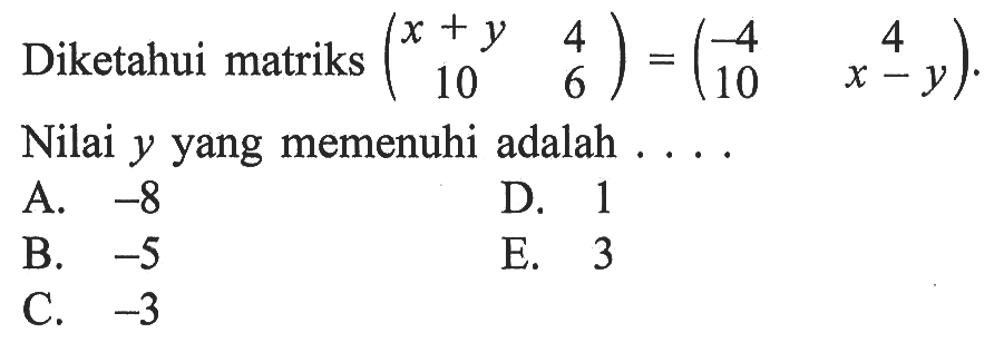 Diketahui matriks (x+y 4 10 6)=(-4 4 10 x-y). Nilai y yang memenuhi adalah....