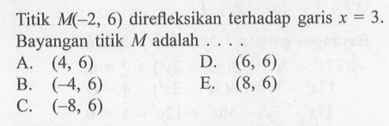 Titik M(2, 6) direfleksikan terhadap garis x=3. Bayangan titik M adalah ....