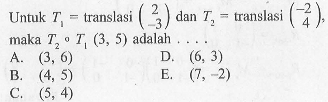 Untuk T1=translasi (2 -3) dan T2=translasi (-2 4), maka T2oT1(3, 5) adalah ...