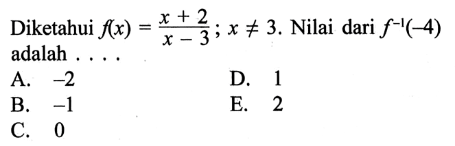 Diketahui f(x)=(x+2)/(x-3); x=/=3. Nilai dari f^(-1)(-4) adalah . . . .