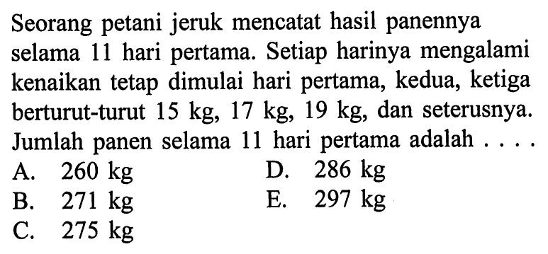 Seorang petani jeruk mencatat hasil panennya selama 11 hari pertama. Setiap harinya mengalami kenaikan tetap dimulai hari pertama, kedua, ketiga berturut-turut  15 kg, 17 kg, 19 kg , dan seterusnya. Jumlah panen selama 11 hari pertama adalah ....