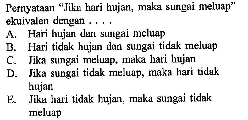 Pernyataan 'Jika hari hujan, maka sungai meluap' ekuivalen dengan .... A. Hari hujan dan sungai meluap B. Hari tidak hujan dan sungai tidak meluap C. Jika sungai meluap, maka hari hujan D. Jika sungai tidak meluap, maka hari tidak hujan E. Jika hari tidak hujan, maka sungai tidak meluap