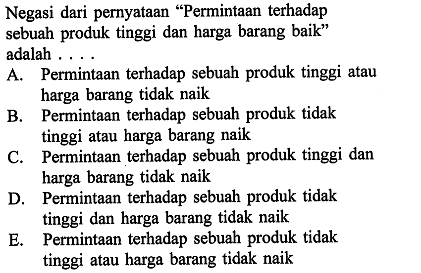 Negasi dari pernyataan 'Permintaan terhadap sebuah produk tinggi dan harga barang baik' adalah ....