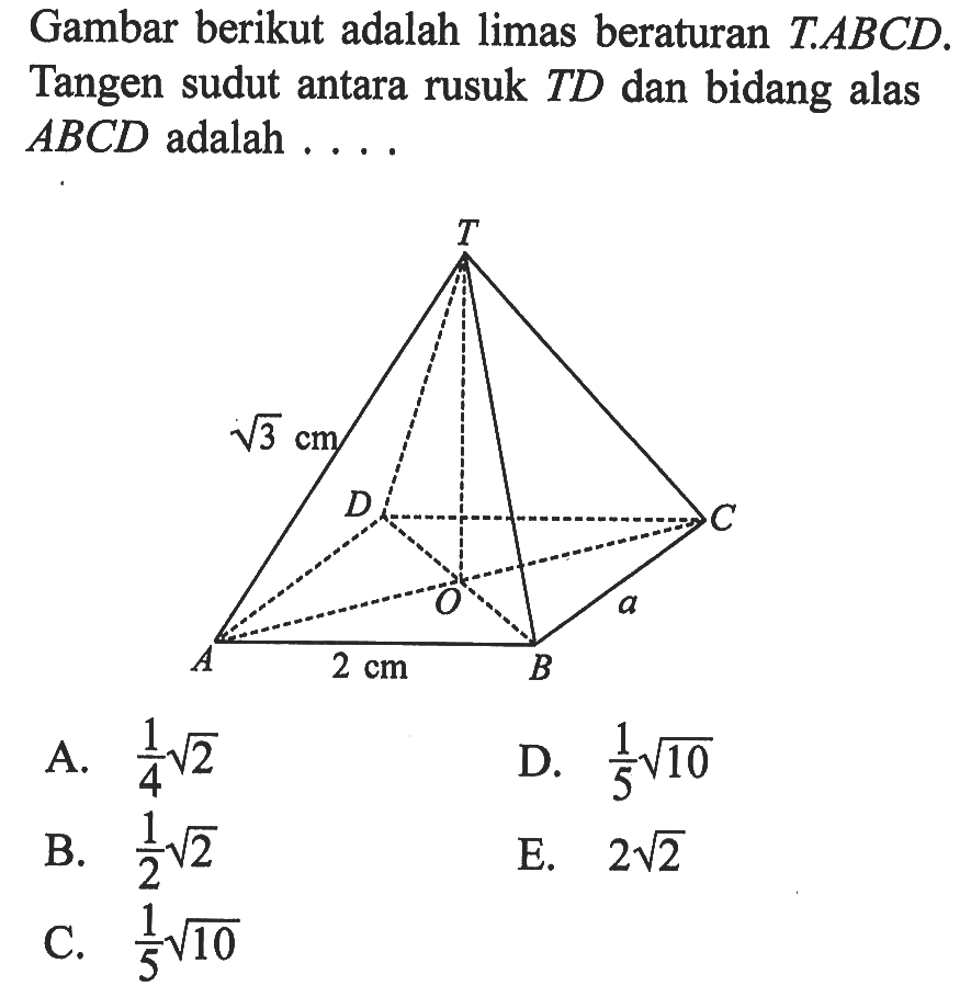 Gambar berikut adalah limas beraturan T.ABCD. Tangen sudut antara rusuk TD dan bidang alas ABCD adalah .... akar(3) cm 2 cm