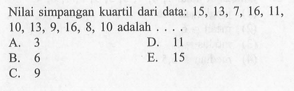 Nilai simpangan kuartil dari data: 15, 13, 7, 16, 11, 10, 13, 9, 16, 8, 10 adalah . . . .