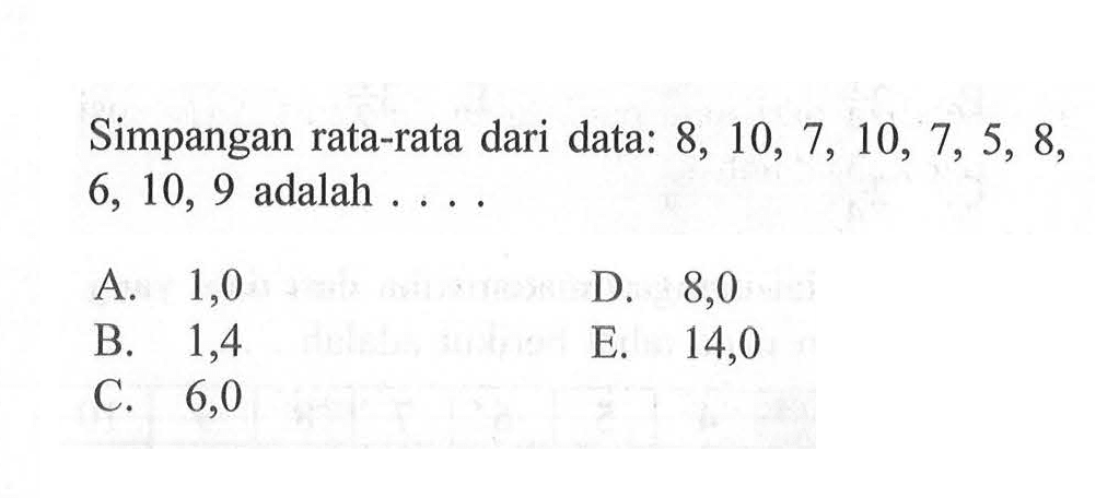 Simpangan rata-rata dari data: 8,10,7,10,7,5, 8,6,10,9 adalah .....