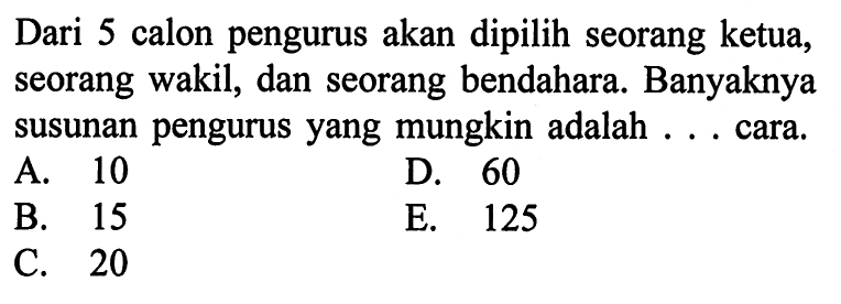 Dari 5 calon pengurus akan dipilih seorang ketua, seorang wakil, dan seorang bendahara. Banyaknya susunan pengurus yang mungkin adalah ... cara.