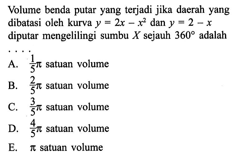 Volume benda putar yang terjadi jika daerah yang dibatasi oleh kurva  y=2x-x^2 dan y=2-x diputar mengelilingi sumbu X sejauh 360 adalah ....