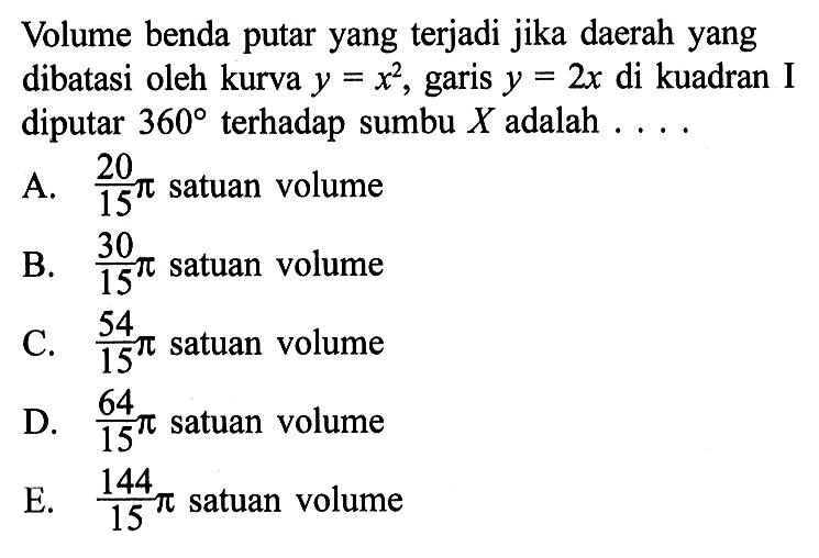 Volume benda putar yang terjadi jika daerah yang dibatasi oleh kurva y=x^2, garis y=2x di kuadran I diputar 360 terhadap sumbu X adalah .... 