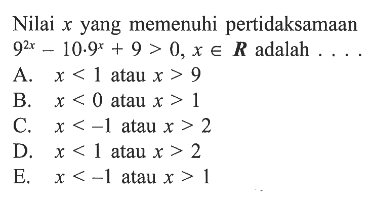 Nilai x yang memenuhi pertidaksamaan 9^2x-10.9^x+9>0, x e R adalah ...