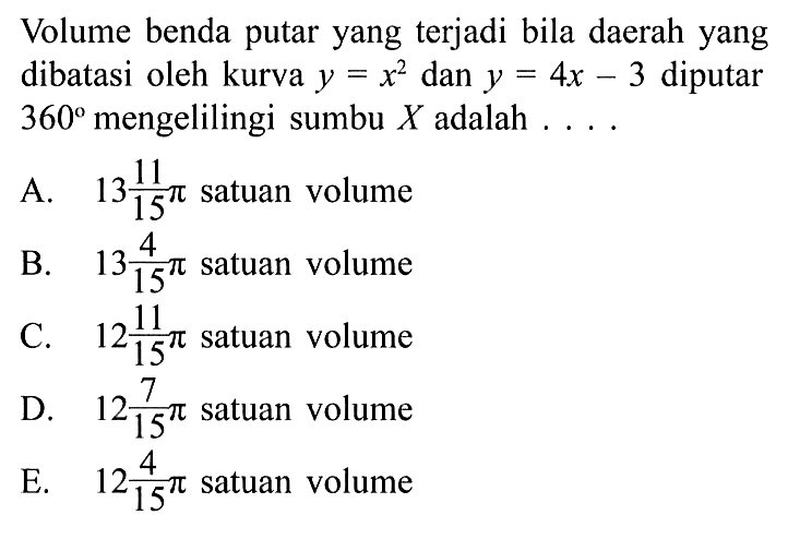 Volume benda putar yang terjadi bila daerah yang dibatasi oleh kurva y=x^2 dan y=4x-3 diputar 360 mengelilingi sumbu X adalah .... 