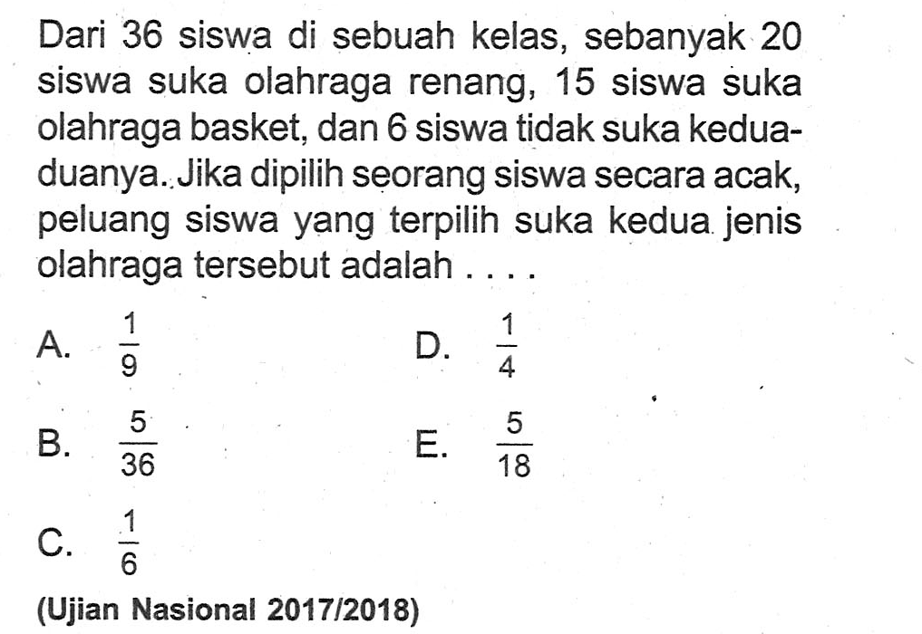 Dari 36 siswa di sebuah kelas, sebanyak 20 siswa suka olahraga renang, 15 siswa suka olahraga basket, dan 6 siswa tidak suka keduaduanya. Jika dipilih seorang siswa secara acak, peluang siswa yang terpilih suka kedua jenis olahraga tersebut adalah ....(Ujian Nasional 2017/2018)