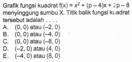 Grafik fungsi kuadrat f(x)=x^2+(p-4)x+2p-8 menyinggung sumbu X. Titik balik fungsi kuadrat tersebut adalah ....