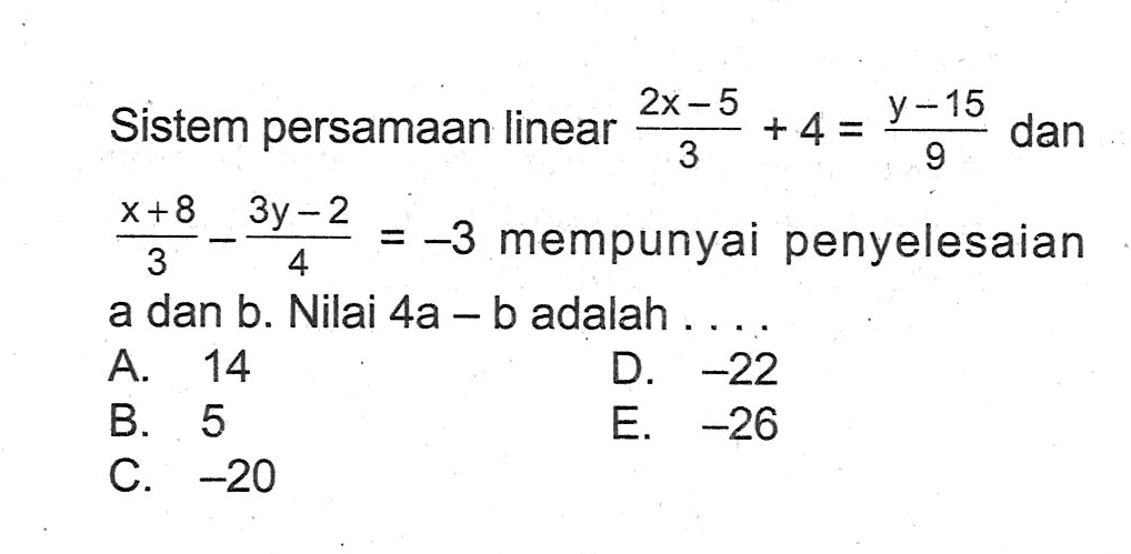 Sistem persamaan linear ((2x-5)/3)+4=((y-15)/9) dan ((x+8)/3)-((3y-2)/4)=-3 mempunyai penyelesaian a dan b. Nilai 4a-b adalah....