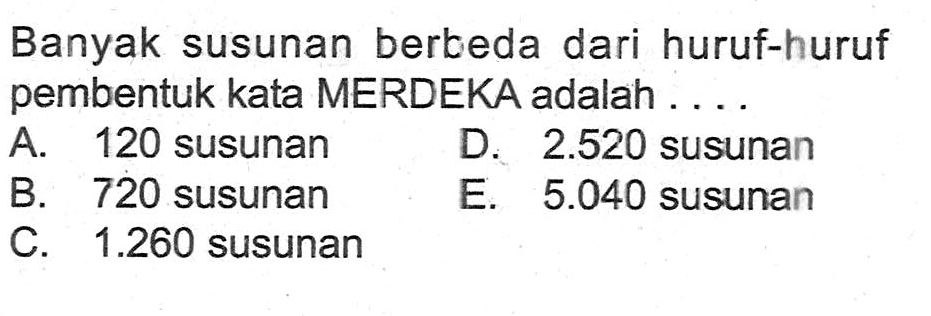 Banyak susunan berbeda dari huruf-huruf pembentuk kata MERDEKA adalah ...