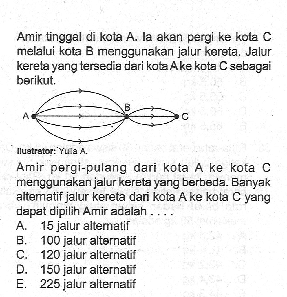 Amir tinggal di kota A. la akan pergi ke kota C melalui kota B menggunakan jalur kereta. Jalur kereta yang tersedia dari kota A ke kota C sebagai berikut. A B CIlustrator: Yulia A.Amir pergi-pulang dari kota A ke kota C menggunakan jalur kereta yang berbeda. Banyak alternatif jalur kereta dari kota A ke kota C yang dapat dipilih Amir adalah ....