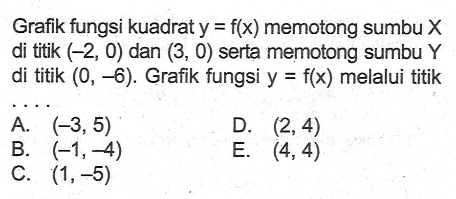 Grafik fungsi kuadrat y=f(x) memotong sumbu X di titik (-2,0) dan (3,0) serta memotong sumbu Y di titik (0,-6). Grafik fungsi y=f(x) melalui titik ...