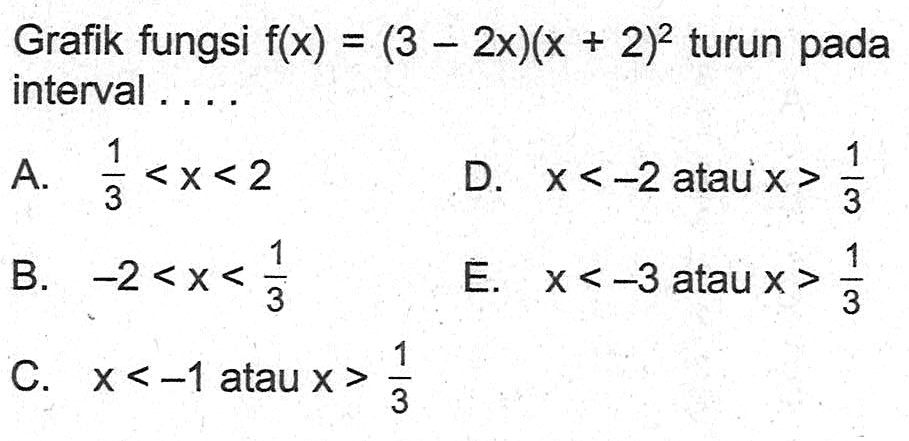 Grafik fungsi f(x)=(3-2x)(x+2)^2 turun pada interval ....