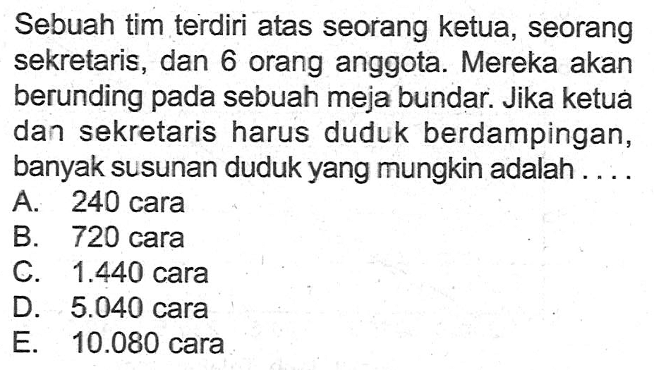 Sebuah tim terdiri atas seorang ketua, seorang sekretaris, dan 6 orang anggota. Mereka akan berunding pada sebuah meja bundar. Jika ketua dan sekretaris harus duduk berdampingan, banyak susunan duduk yang mungkin adalah ....