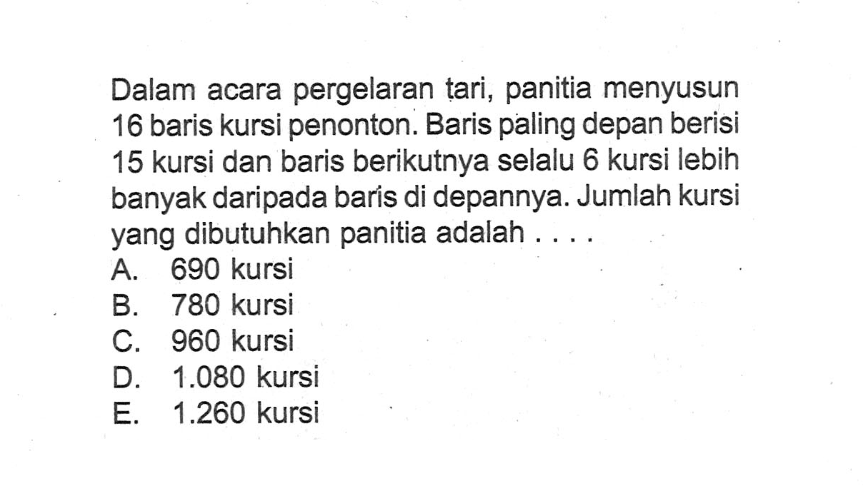 Dalam acara pergelaran tari, panitia menyusun 16 baris kursi penonton. Baris paling depan berisi 15 kursi dan baris berikutnya selalu 6 kursi lebih banyak daripada baris di depannya. Jumlah kursi yang dibutuhkan panitia adalah....