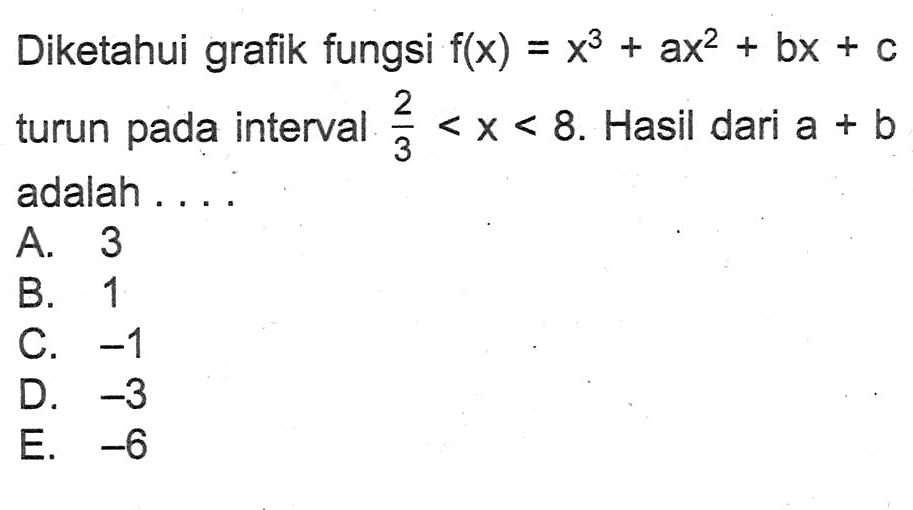 Diketahui grafik fungsi f(x)=x^3+ax^2+bx+c turun pada interval 2/3<x<8. Hasil dari a+b adalah .... 