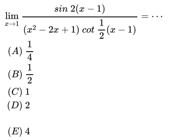 limit x->1 (sin 2(x-1))/((x^2-2x+1) cot 1/2(x-1)= ...