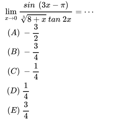 lim x->0 (sin(3x-pi))/((8+x)^(1/3) tan 2x) = ...