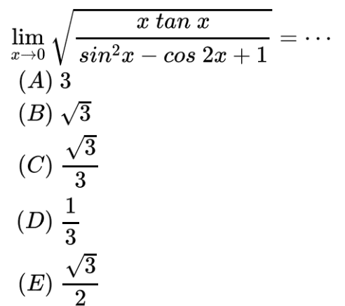 limit x -> 0 akar((xtan x)/(sin^2(x)-cos(2x)+1))=...